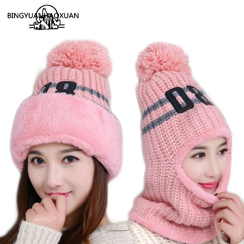 

BINGYUANHAOXUAN 2017 knit Cap Scarf Cap two-piece Winter Hats For Women Fur Winter Beanie Fleece Hat balaclava with Neckwa rmer