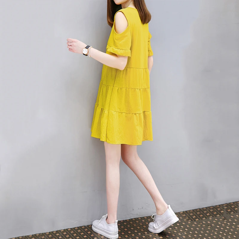 Женское короткое платье с круглым вырезом оборками и высокой талией 7Q1843|Женские