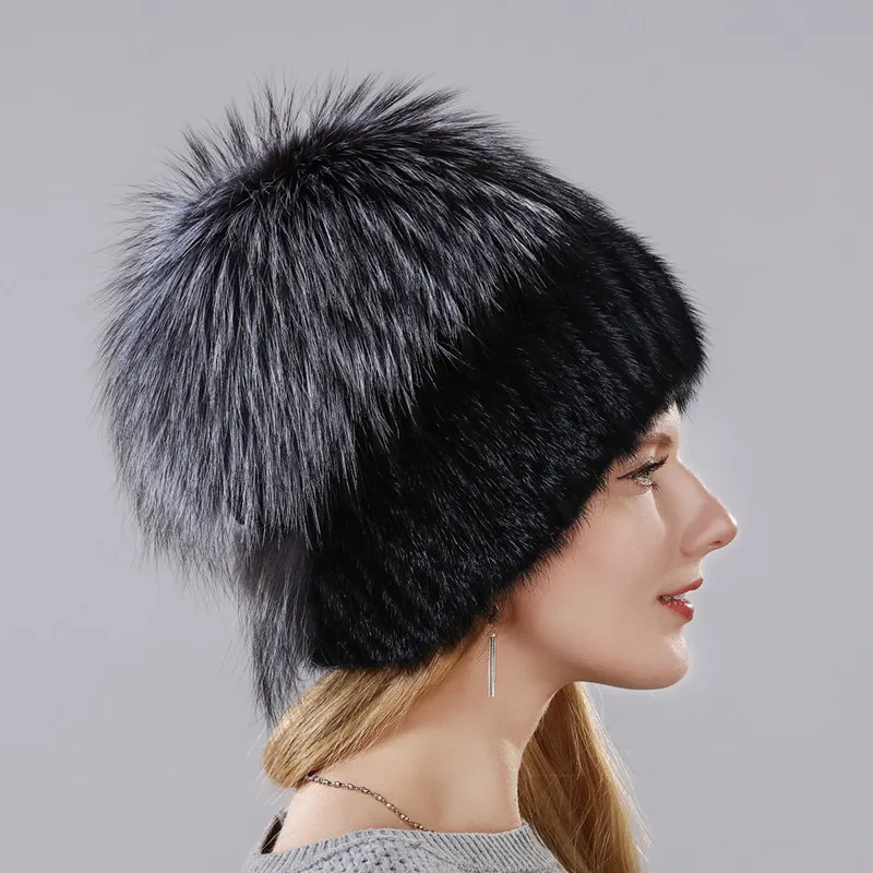 new style warm winter hat for women Imported mink and high-quality silver fox fur cap with bow tie made of rabbit fur behind