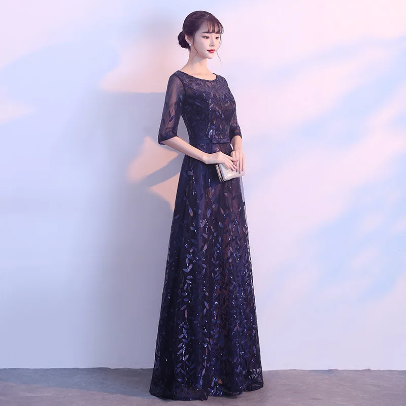 Robe De Soiree/темно синее вечернее платье с круглым вырезом и короткими рукавами