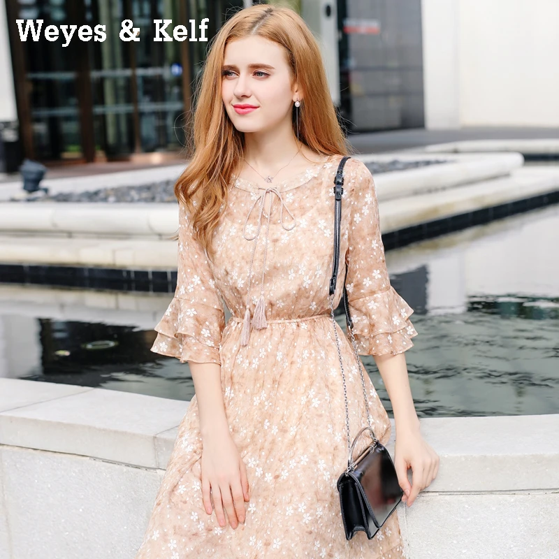Weyes и кепф сладкий печати платье с цветочным рисунком осень 2017 г. трапециевидной