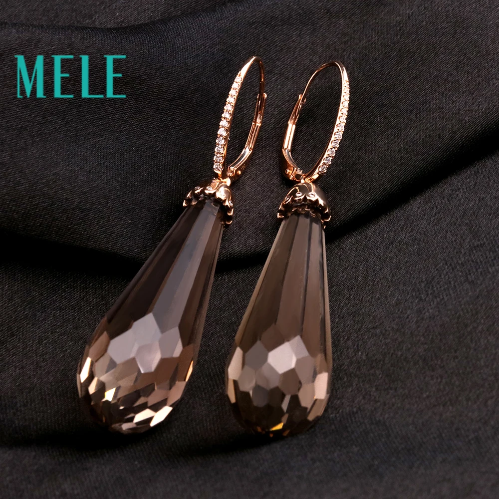 MELE 18K золотые висячие серьги с натуральным дымчатым кварцем для женщин, бриллиантовый боковой камень, новая мода, хорошее ювелирное изделие с высоким качеством