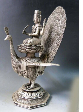 12 &quotКитай серебро budismo tallado дель паво реал Mahamayuri буда escultura estatua медь бронзовые