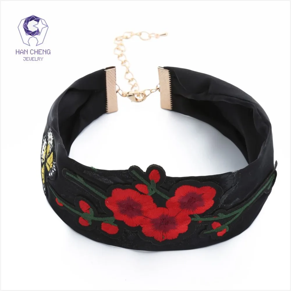 HanCheng New Fashion Flowers Butterfly Silk Ribbon Choker Necklace Women Embroidery Necklaces Tattoo Statement collar jewelry | Украшения и