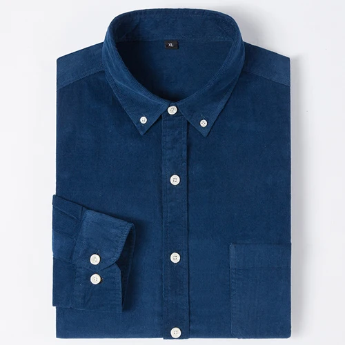 Denim Blue Мужская стандартная однотонная Вельветовая хлопковая рубашка с длинным рукавом, с одним накладным карманом, Повседневная рабочая одежда цвета хаки, рубашки на пуговицах - Цвет: Denim Blue