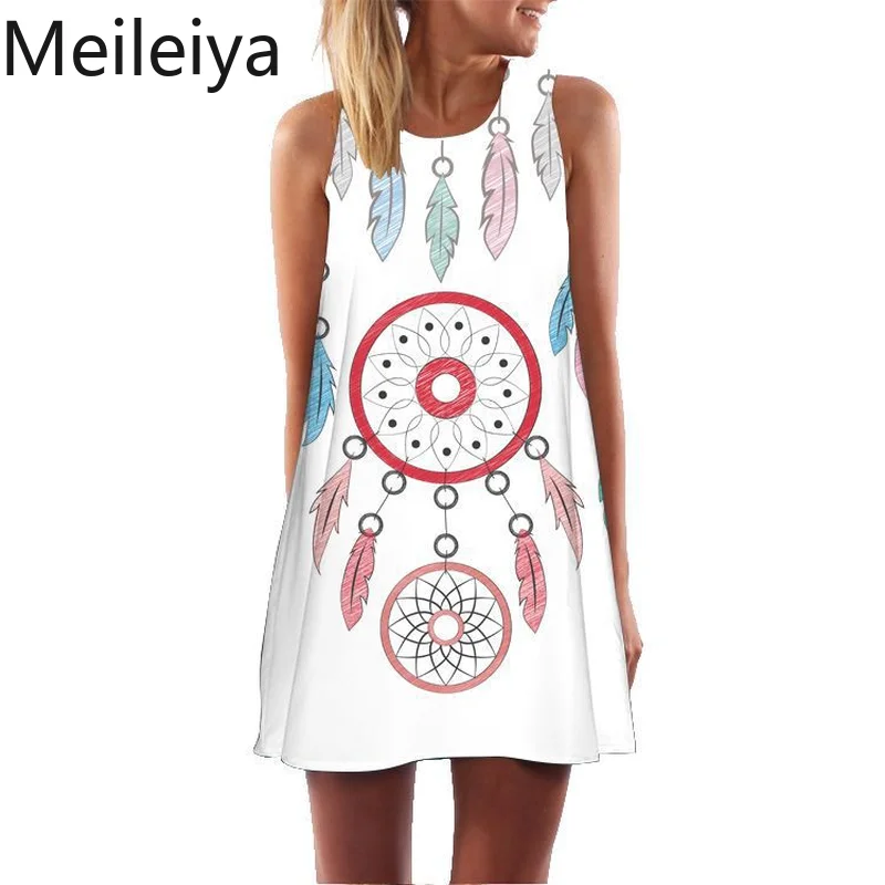2019 Summer Cartoon Dress Retro Digital Print Round Neck Feather Deer Strapless Mid-length Vest | Женская одежда