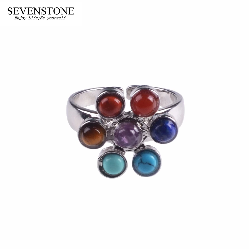 

SEVENSTONE 2019 New Fashion Charm 7 Chakra Stone Hip Hop Rings Rainbow Yoga Healing Natural Gem Stone Wholesale Rings for Women