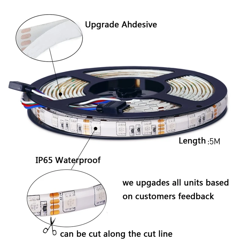 5M AC/DC 12V 5050 SMD2835 Водонепроницаемый RGB светодиодный гибкие полосы, 300 светодиодный лента+ 24 ключ пульта дистанционного управления Комплект гибкий светодиодный лента Набор