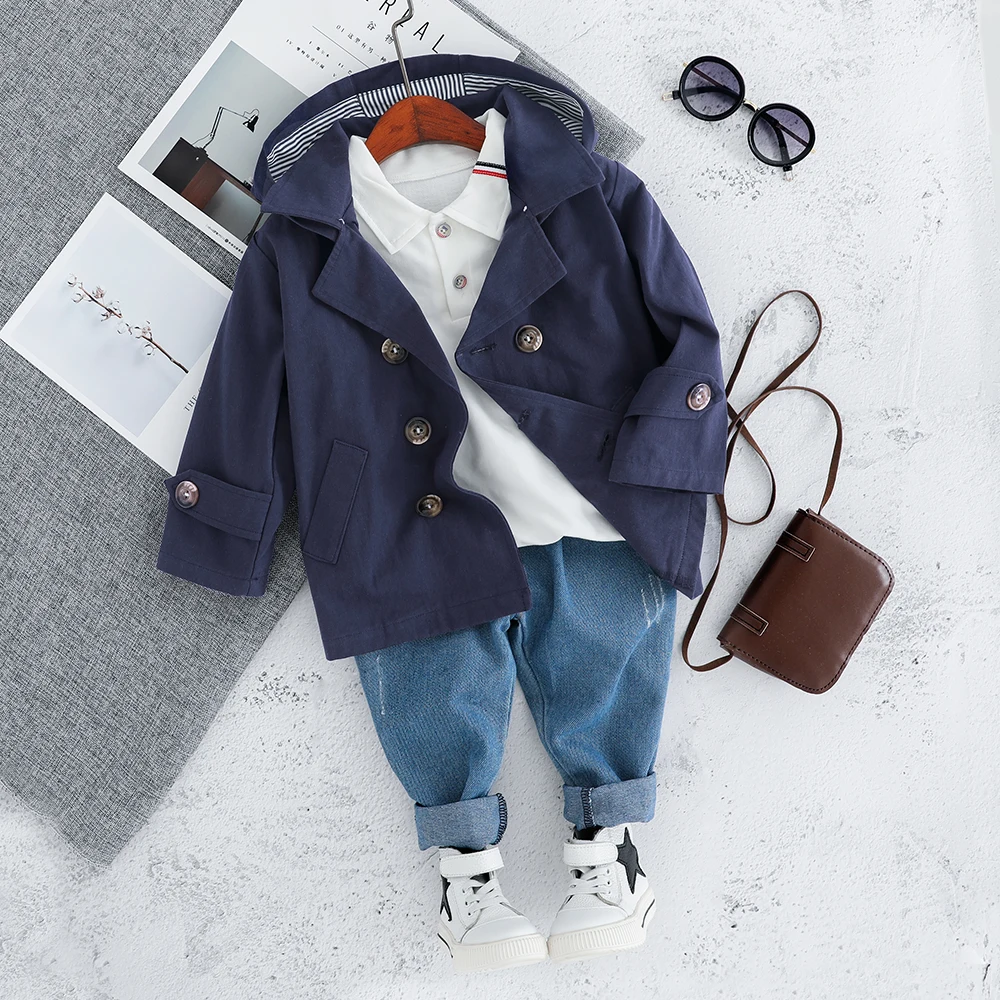 Dark Blue No Shoes Детский комплект одежды из 3 предметов для малышей, Тренч+ футболка+ джинсы, верхняя одежда с длинными рукавами, пальто, одежда для мальчиков и девочек 1, 2, 3, 4 лет - Цвет: Dark Blue No Shoes