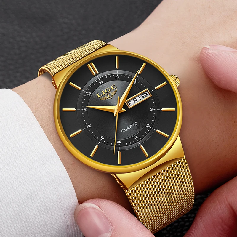 Relogio Masculino 2022 LIGE New Mens Watches Top Brand Luxury Ultra Thin Quartz Watch Men Steel Mesh Strap Waterproof Gold Watch