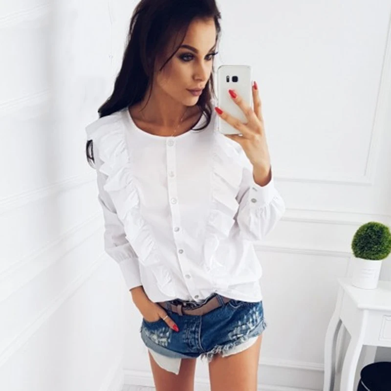 Женская рубашка с оборками и длинным рукавом круглым вырезом|long sleeves women blouse|women