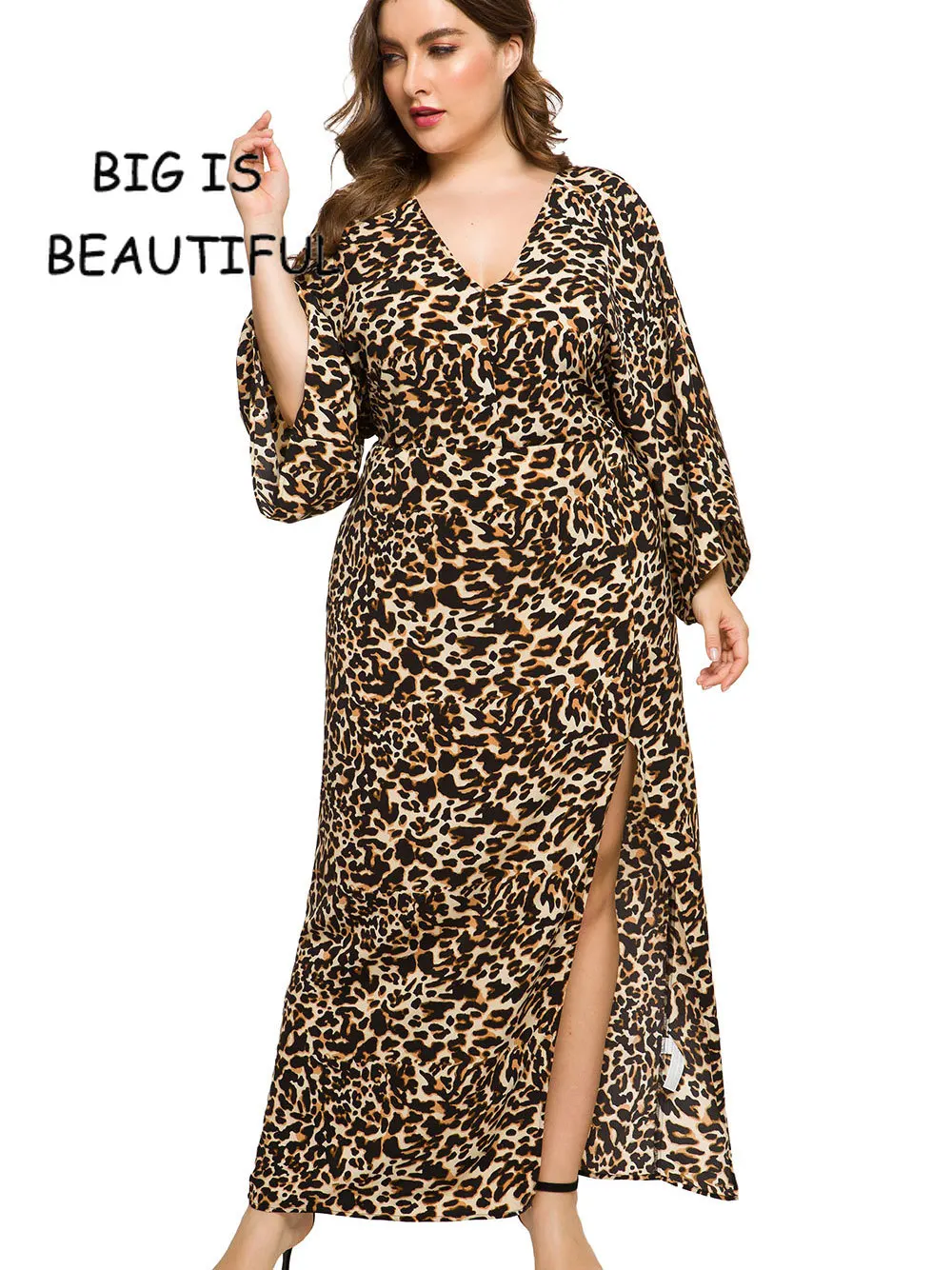 Plus Size Women Maxi Leopard Print Batwing Sleeve Dress Ladies Summer Long Large Vent Dresses Female 6xl Ankle Length | Женская одежда