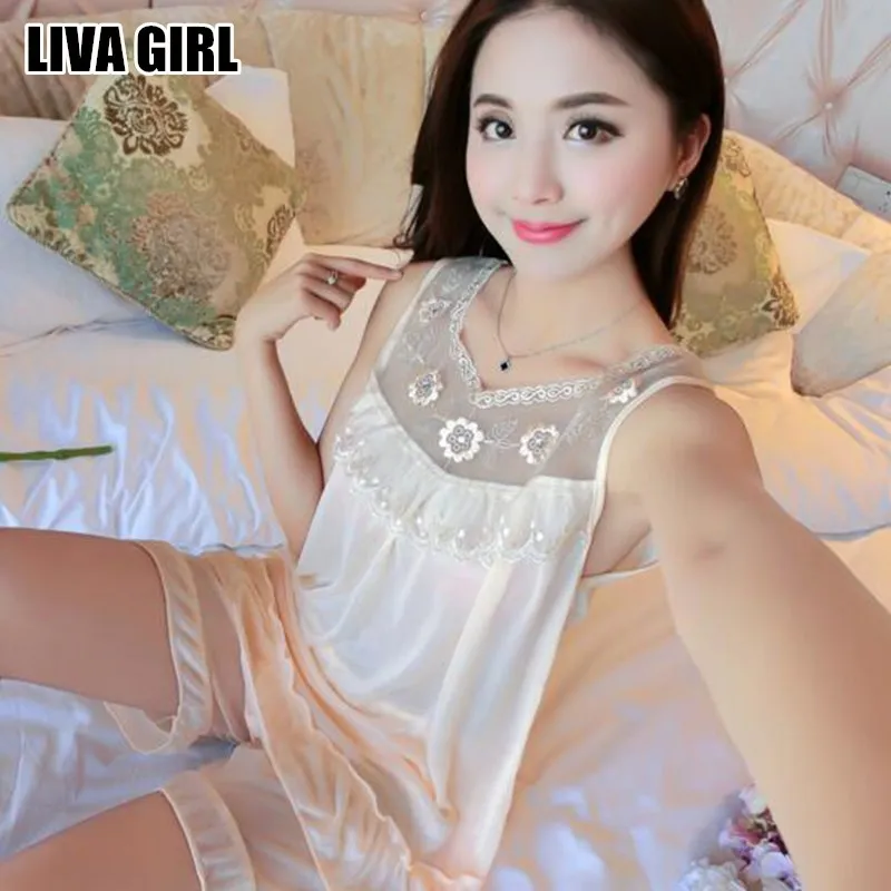 Пижама Liva Girl с V образным вырезом удобный пикантный Шелковый кружевной комплект