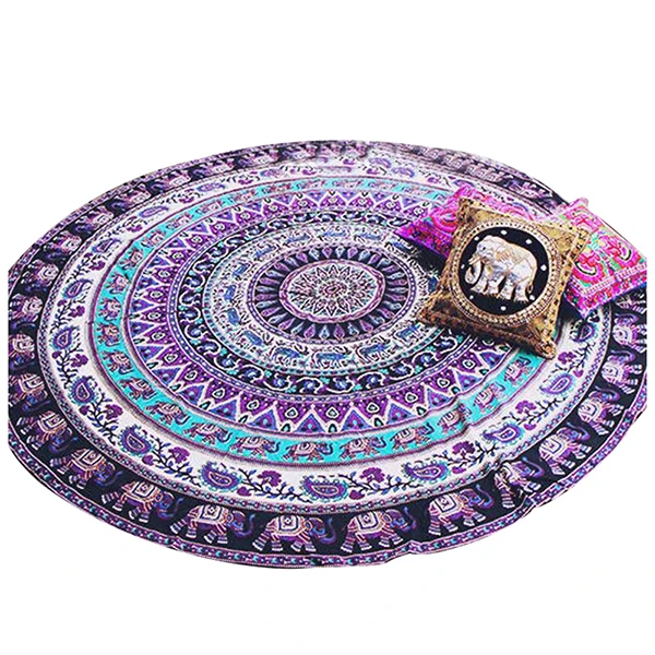 

Round Print Bohemian Mandala Tapestry Wall Hanging Picnic Beach Towel Blanket Purple Elephant Mandala