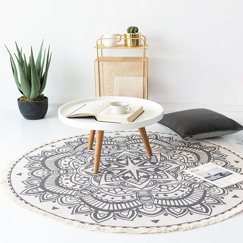 Cotton Hand Woven Mandara Printed Tassels Design Round Rugs Machine Washable Carpets for Living Room Bedroom Black Beige | Дом и сад