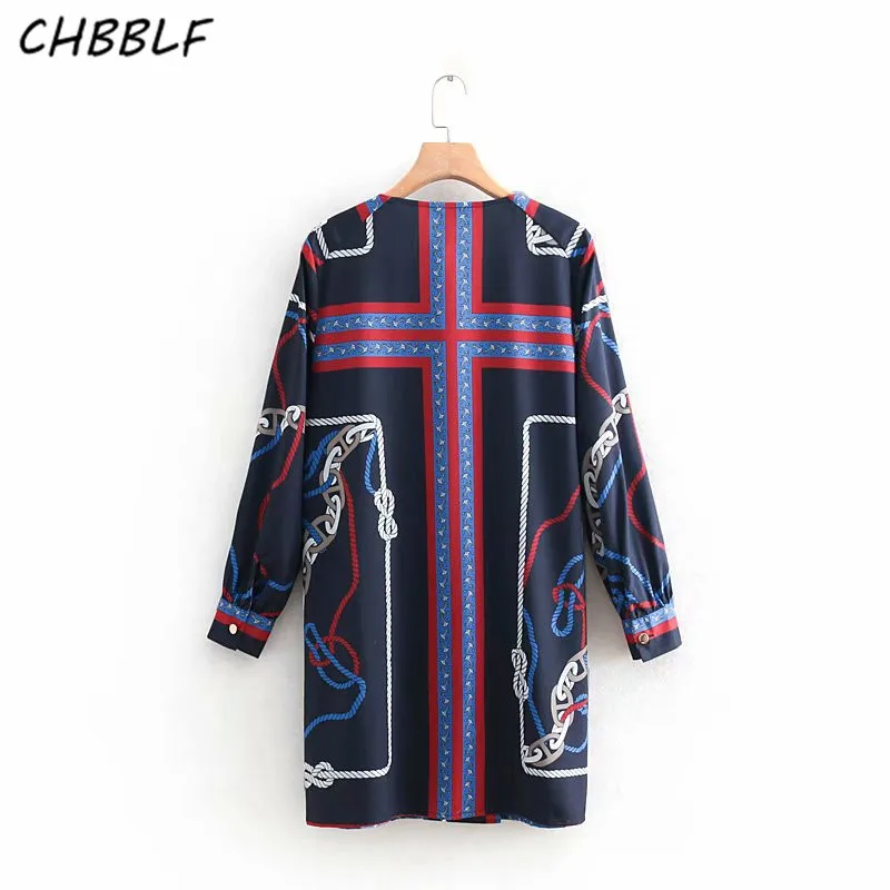 CHBBLF women chic print dress V neck long sleeve female casual mini dresses double breasted straight vestido XDN8736 | Женская одежда