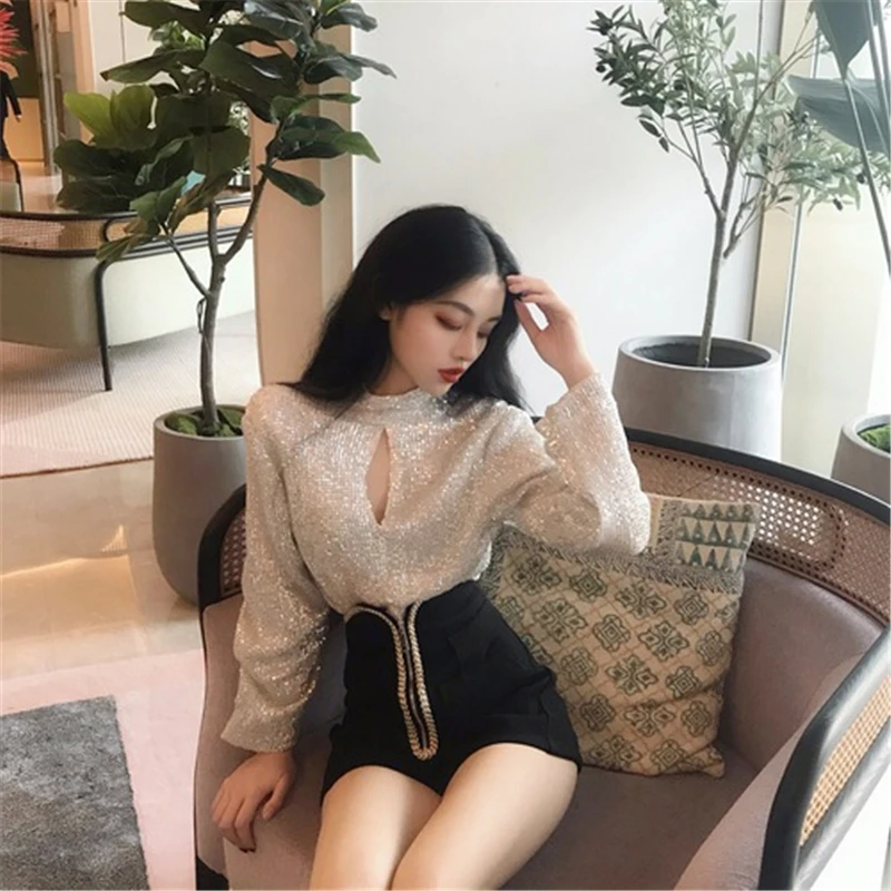 

RUGOD Elegant Womens Slim Blouses Turtleneck Sexy Hollow out Sequin Blouse Office Lady Fashion Zipper Mini Shorts Female 2020