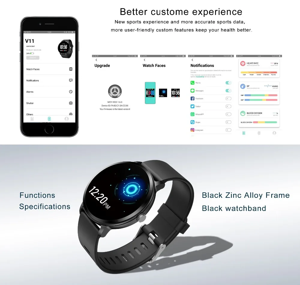 TimeOwner V11 Smart Watch 1.3 Inch Tempered Glass Screen IP67 Waterproof Heart Rate Monitoring Blood Pressure Band for Men Women |