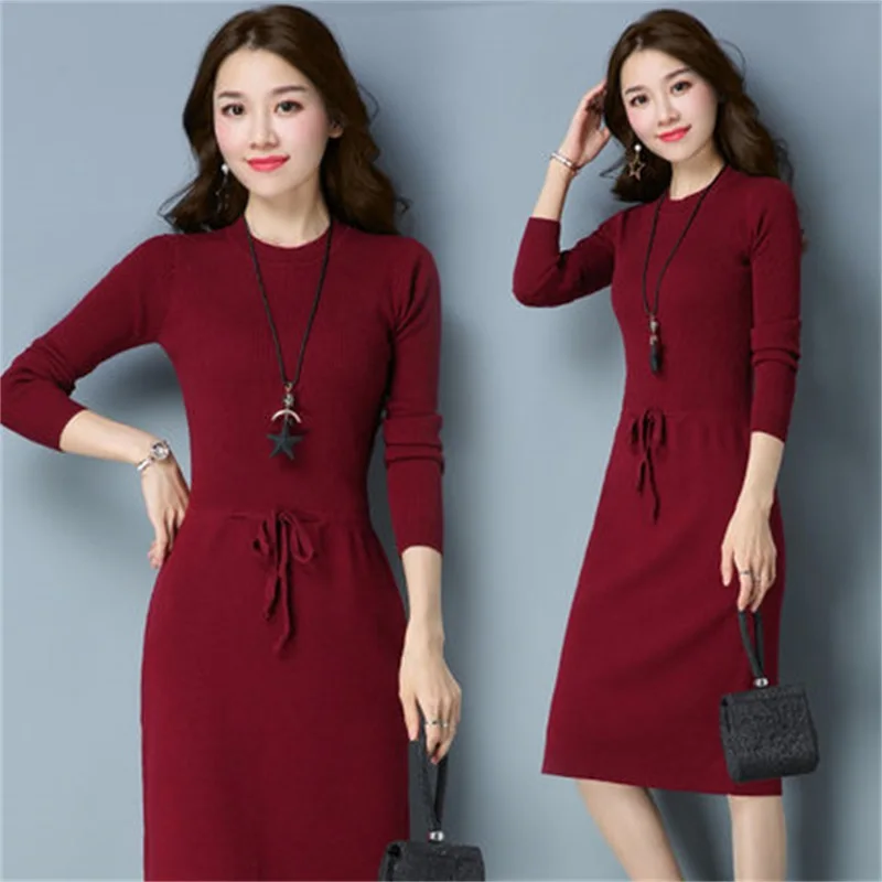

Autumn and winter new self-cultivation package Hip wool knit split women's long knee laced with a solid color sweater dress