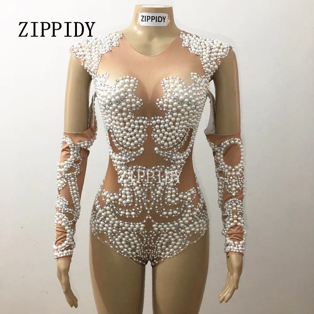 

Sparkly Pearls Crystals Bodysuit One-piece Nude Stretch Outfit Celebrate Glisten Leotard Rhinestones Costume Singer Sexy Wear