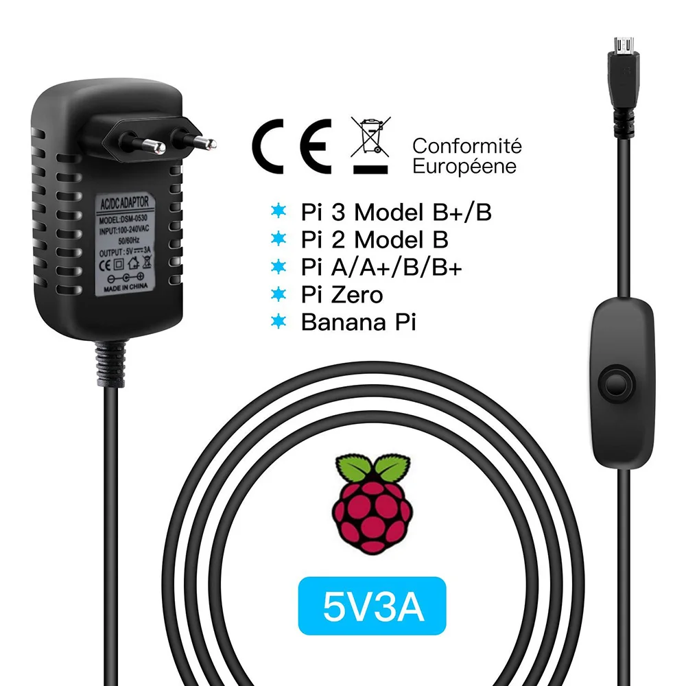 Лидер продаж 5 в 3A Raspberry Pi 3 Кнопка питания адаптер Micro USB порт для Model B штепсельная
