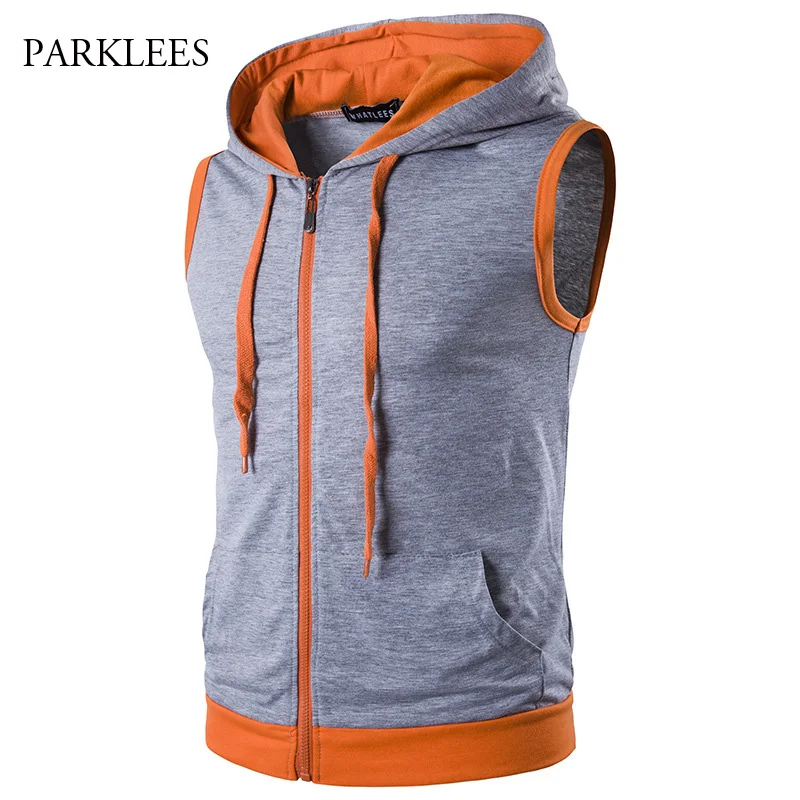Мужская футболка с капюшоном забавная Спортивная на молнии без рукавов карманом