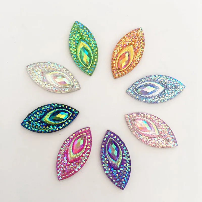 

200PCS 11*22mm AB Resin Horse eye Flatback peacock eye Rhinestone Wedding decoration 2 Hole D34*10