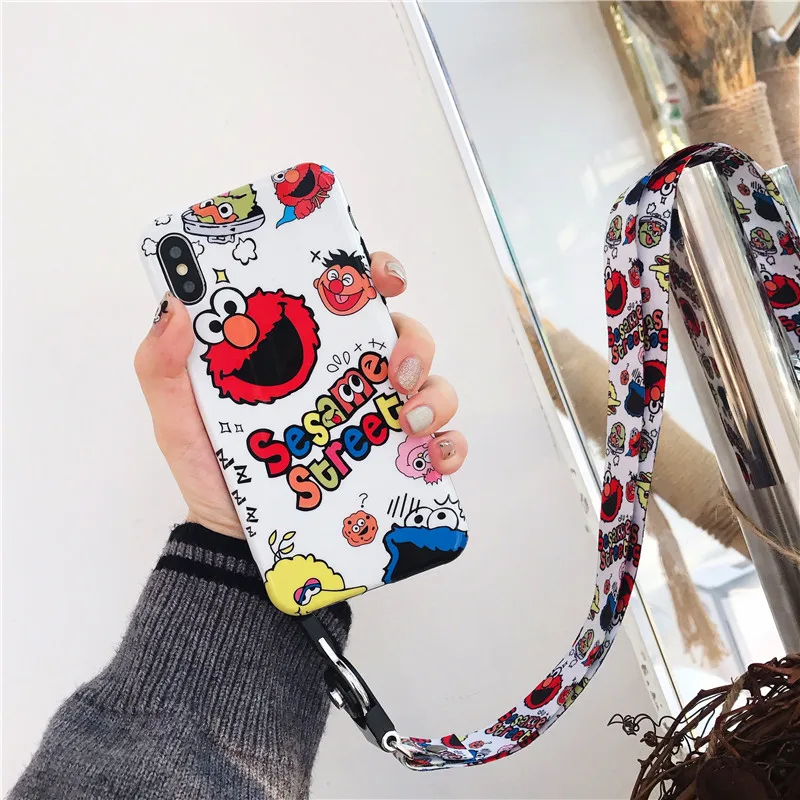 Cute Cartoon Sesame Street Cookie Elmo Phone Case For iPhone X XS Max XR 6 Puls 7 8Puls Cases Soft IMD Silicon Back Cover+rope |