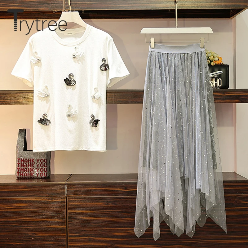 Trytree/летний женский костюм из двух предметов повседневный топ с круглым вырезом и