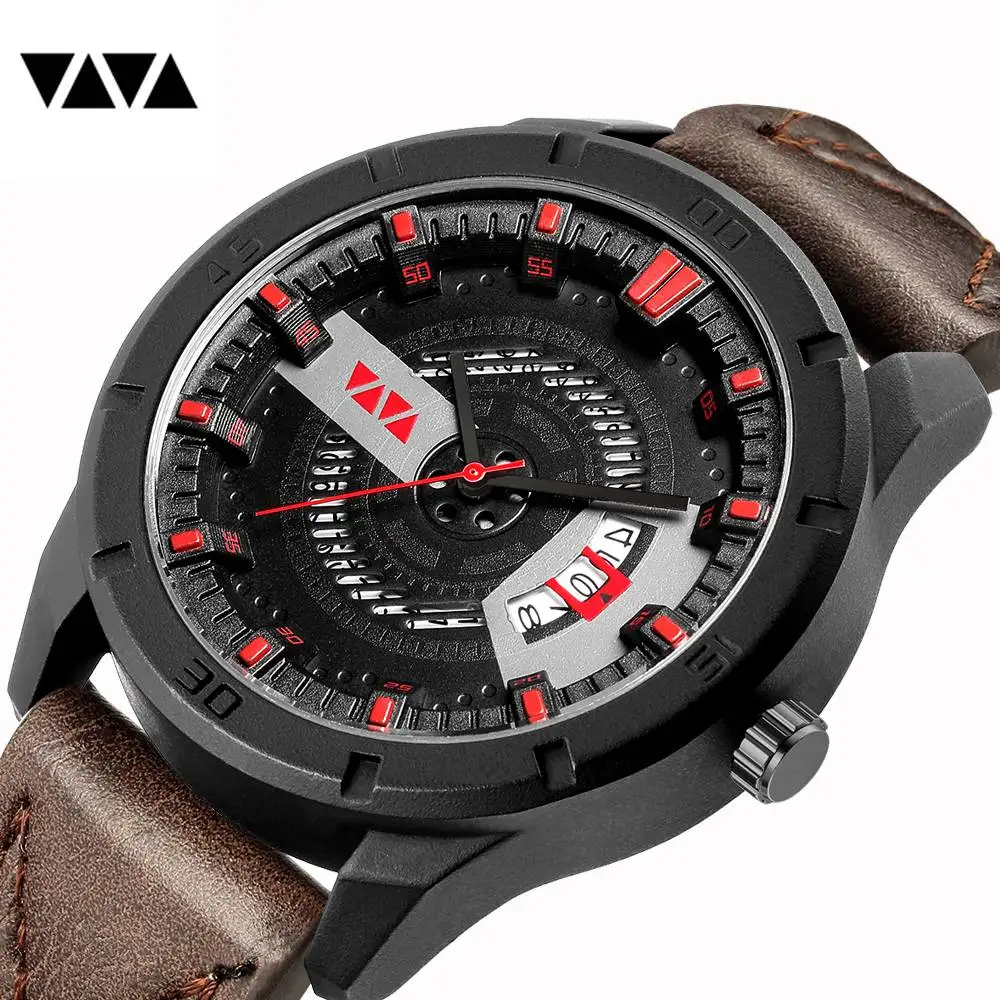 

VAVA VOOM Creative Men Watches Sport Fashion Men's Quartz Wrist Watch Waterproof Leather Strap Calendar Clock reloj hombre Brown