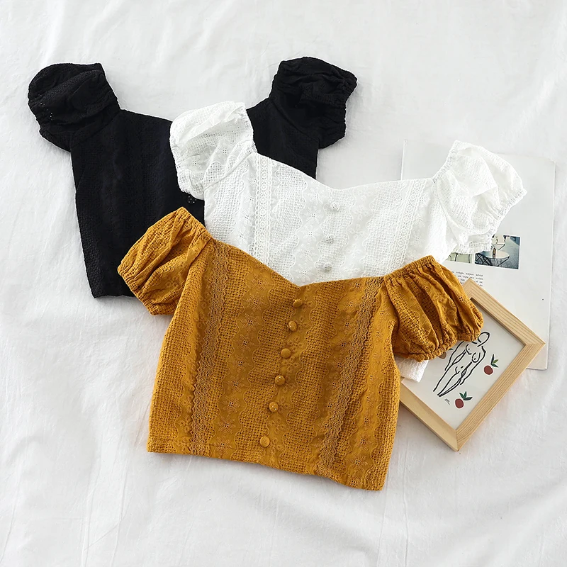 2019 Новая мода Женские blusas свежий футболка с пышными рукавами v образным вырезом
