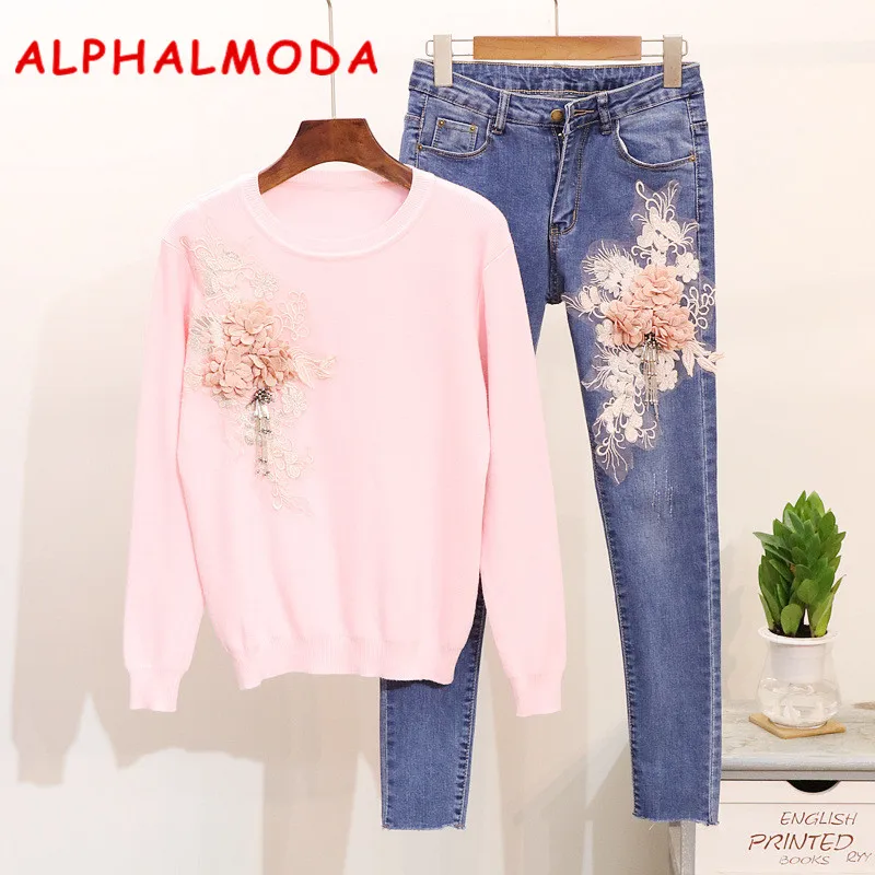 Женский костюм ALPHALMODA свитер с длинными рукавами и вышитыми бисером 3D цветами +