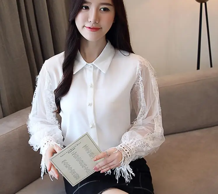 

Fashion Chiffon Lace Shirt 2019 New Lantern Sleeve Patchwork Women Blouse Tops Casual Crochet Beaded White Shirt Girls Students