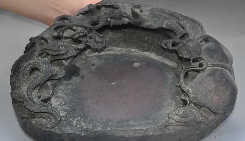 14 &quotСтарый Китай камень Дракон играть шарик Тыква Статуя чернил-камень чернил