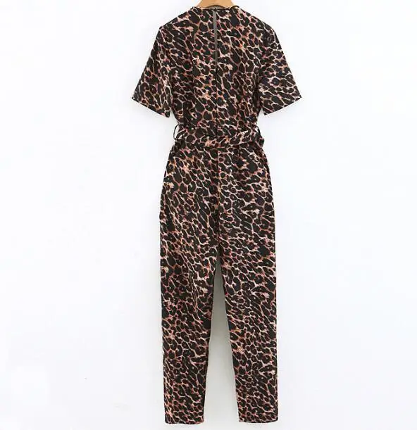 2019 Retro Cross V neck Backless Leopard Jumpsuit Woman Short sleeve Buckle Sashes Full Length Pants Rompers Belt Bodysuits | Женская