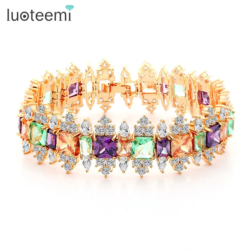 

LUOTEEMI New Luxurious Multi Colors CZ Stone Crystal Bracelets Bangles for Women Gift Bridal Wedding Party Jewelry Accessories