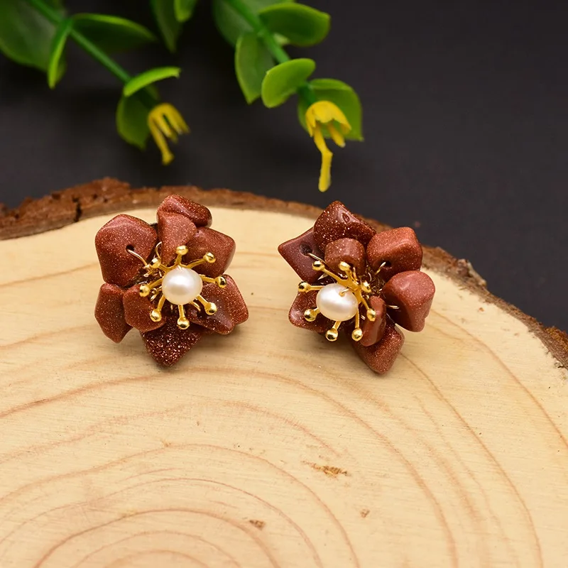 GLSEEVO Natural Jade Pearl Stud Earrings For Women Mom Birthday Day Gift 925 Sterling Silver Flower Earring Fine Jewelry GE0780 - Цвет камня: Red