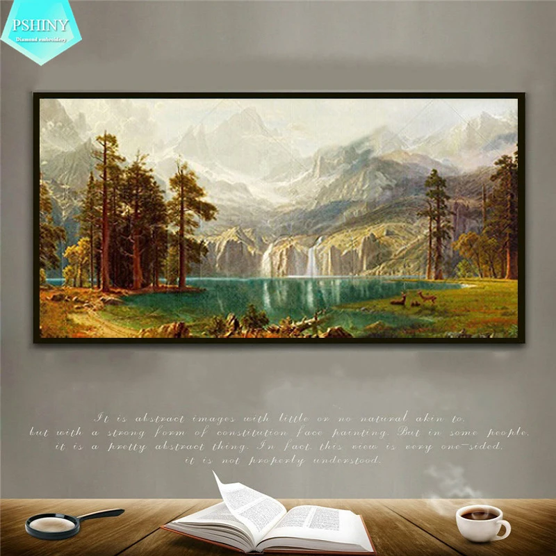 PSHINY 5D DIY Алмазная вышивка озеро в лесу картина полный комплект круглый горный