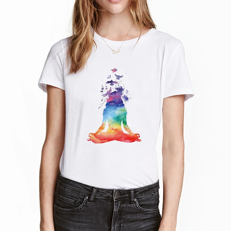 Женская футболка с цветным принтом Yo ga Pose Om Chakras летняя медитация повседневные