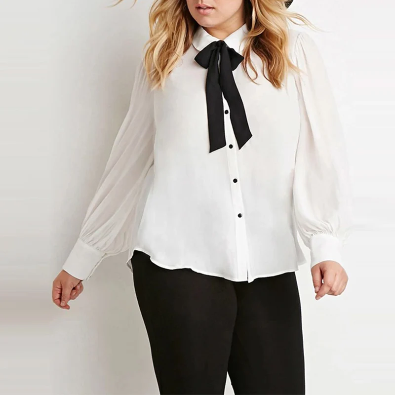 Kissmilk Plus Size New Fashion Women Bow Button Down Big White Long Sleeve Chiffon Preppy Style Blouse 3XL 4XL 5XL 6XL|women bathing suit