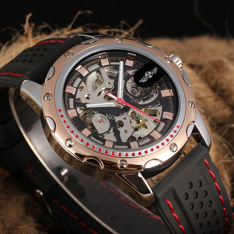 WINNER WRG8027M3T3 Automatic fashion dress wristwatch rose gold watch silicone strap for men hot selling free shipping | Наручные часы