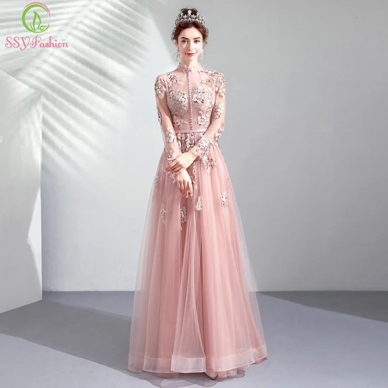 

Женское вечернее платье до пола SSYFashion, роскошное розовое платье с длинными рукавами, кружевной вышивкой и бисером, бальное платье для выпускного вечера