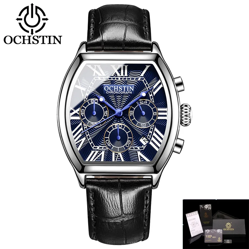 OCHSTIN Auto Date Sports Military Men Watches Luxury Brand Tonneau Quartz-watch Man Leather Army Male Clock Relogio Masculino - Цвет: Silver blue box
