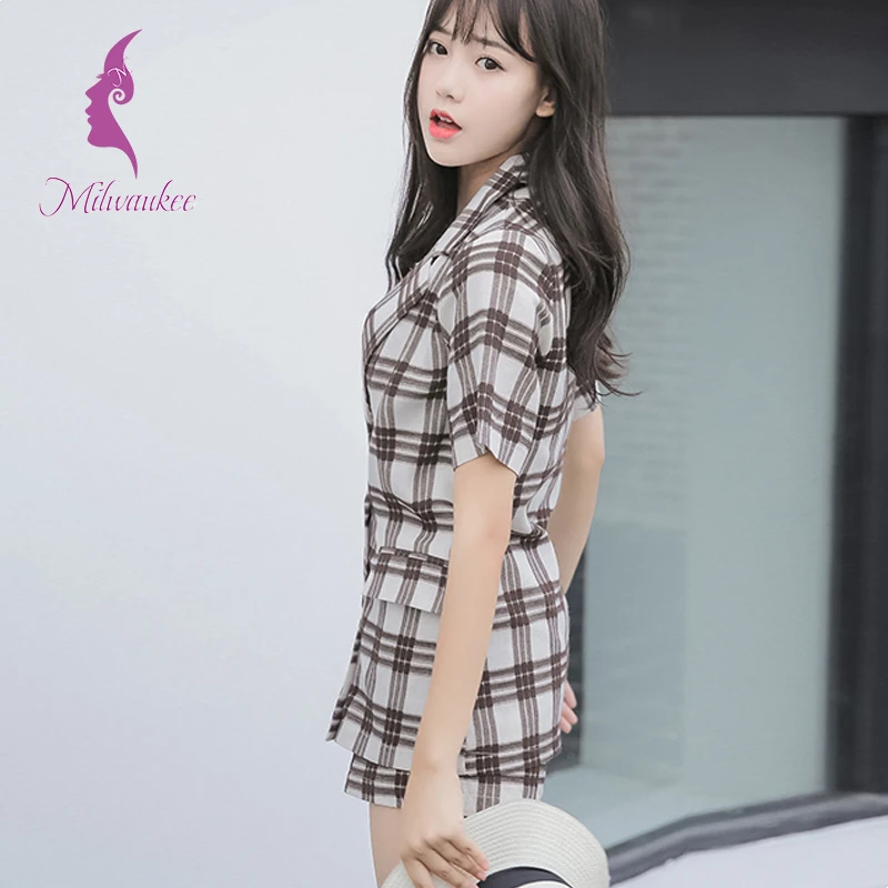 Milwaukee Summer Casual Women Sets Short Sleeve Turn Down Collar Plaid Geometric Top And Pockets Shorts Suits 2 Piece Clothes | Женская