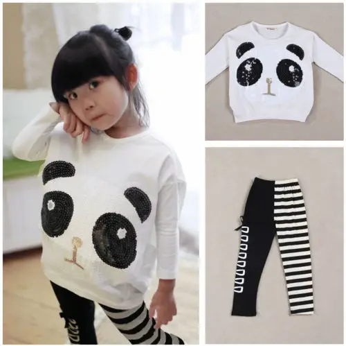Lovely baby Girls Kids clothes set 2Pcs suit Panda T-shirt+Striped Leggings children's Clothing sets | Детская одежда и обувь