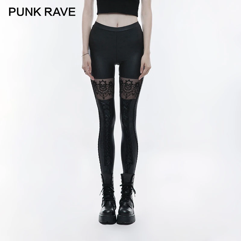 Gothic Skull Embroidered Sexy Leggings Waist Rubber Band Legs Tied Rope Elastic PU Leather Knitted pants PUNK RAVE WK-293DDF | Женская