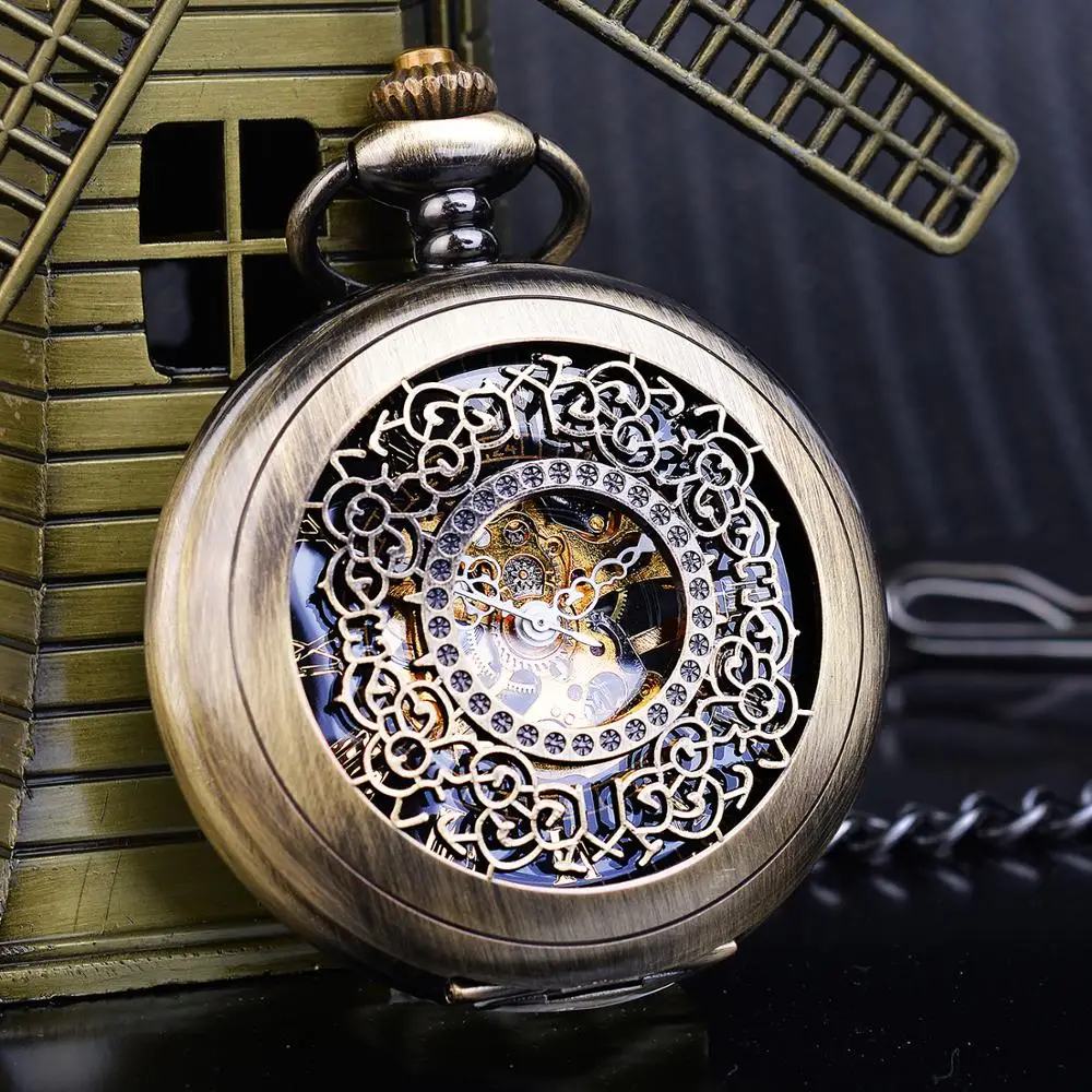 Vintage Bronze Tone Mechanical Pocket Watch FOB Chain Hollow Hunter Steampunk Skeleton Men Women Male Roman Analog Clock Watches | Наручные
