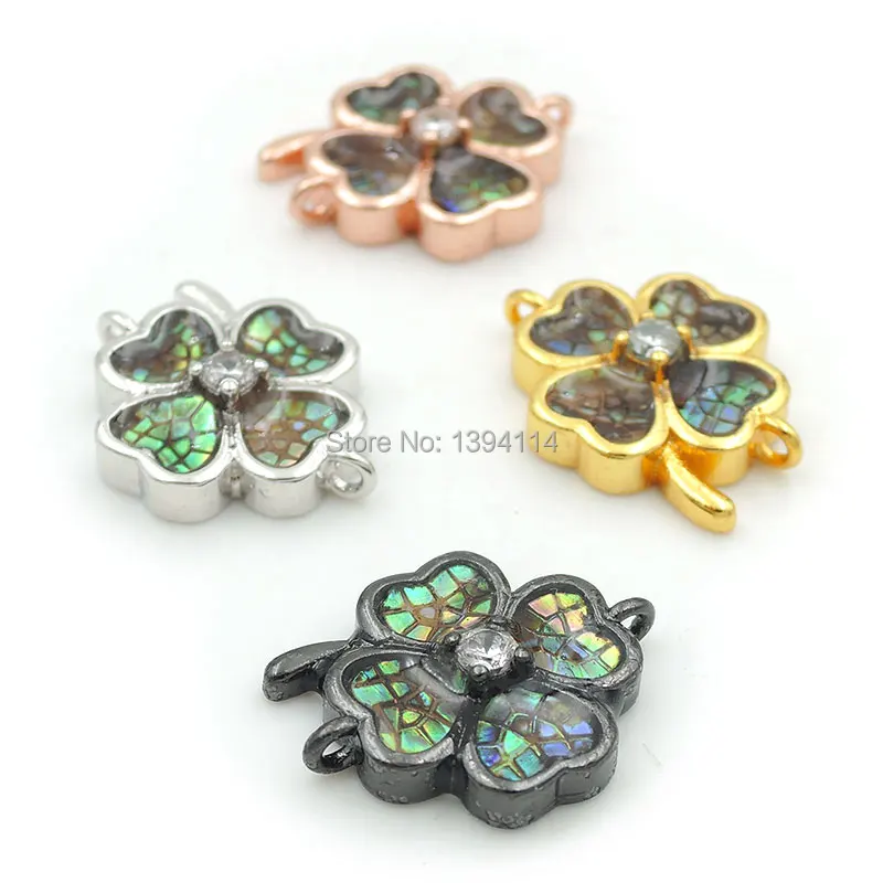 

16*13*4mm Micro Pave Clear CZ Gridding Abalone Shell Clover Connector Fit For Men And Women Making Bracelets Jewelry
