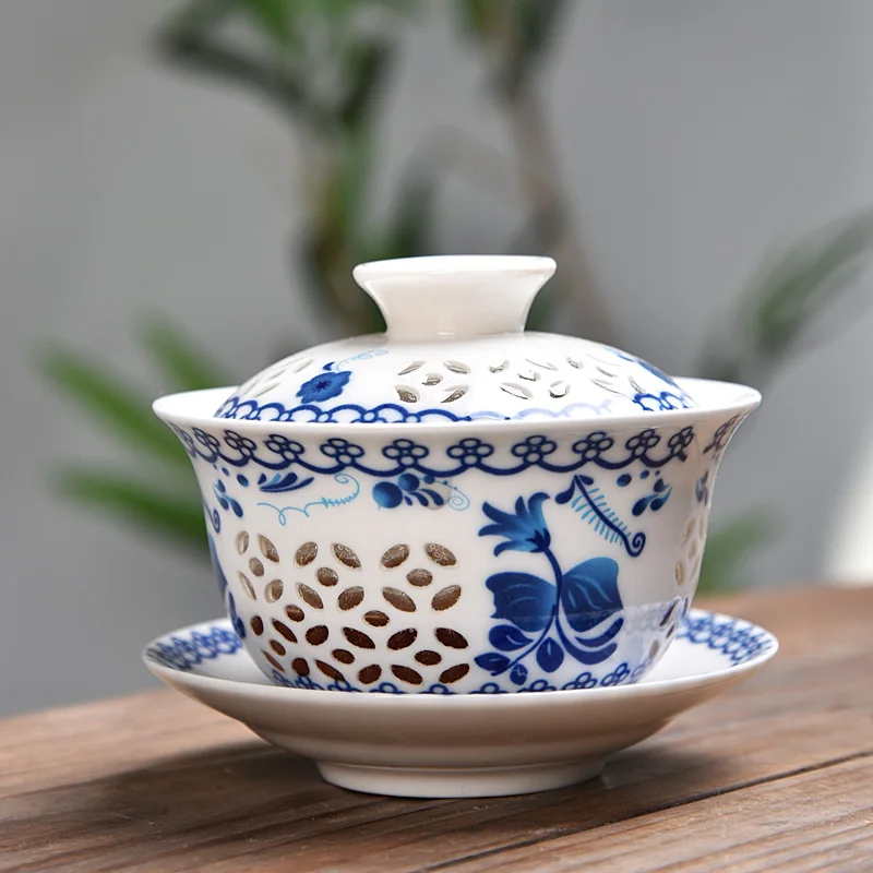 Полых сотовой чайный набор кунг фу синий и белый фарфор Gaiwan Керамика чайное