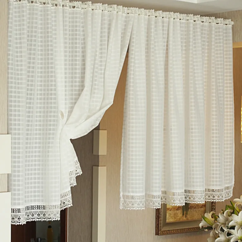 

Sheer Curtain White Tulle Lattice Check Door Curtain For Kitchen Door Half Rideau Modern Check Design Home Store Decoration